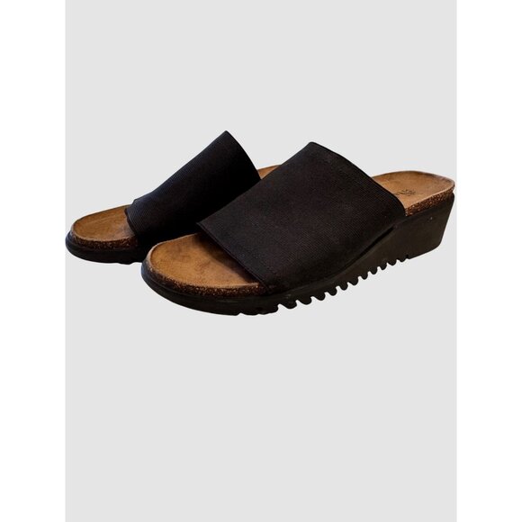 Via Nature Stretch Black Slip on Sandal SIze 7 EU Cork Suede Instep Wedge - Picture 1 of 9